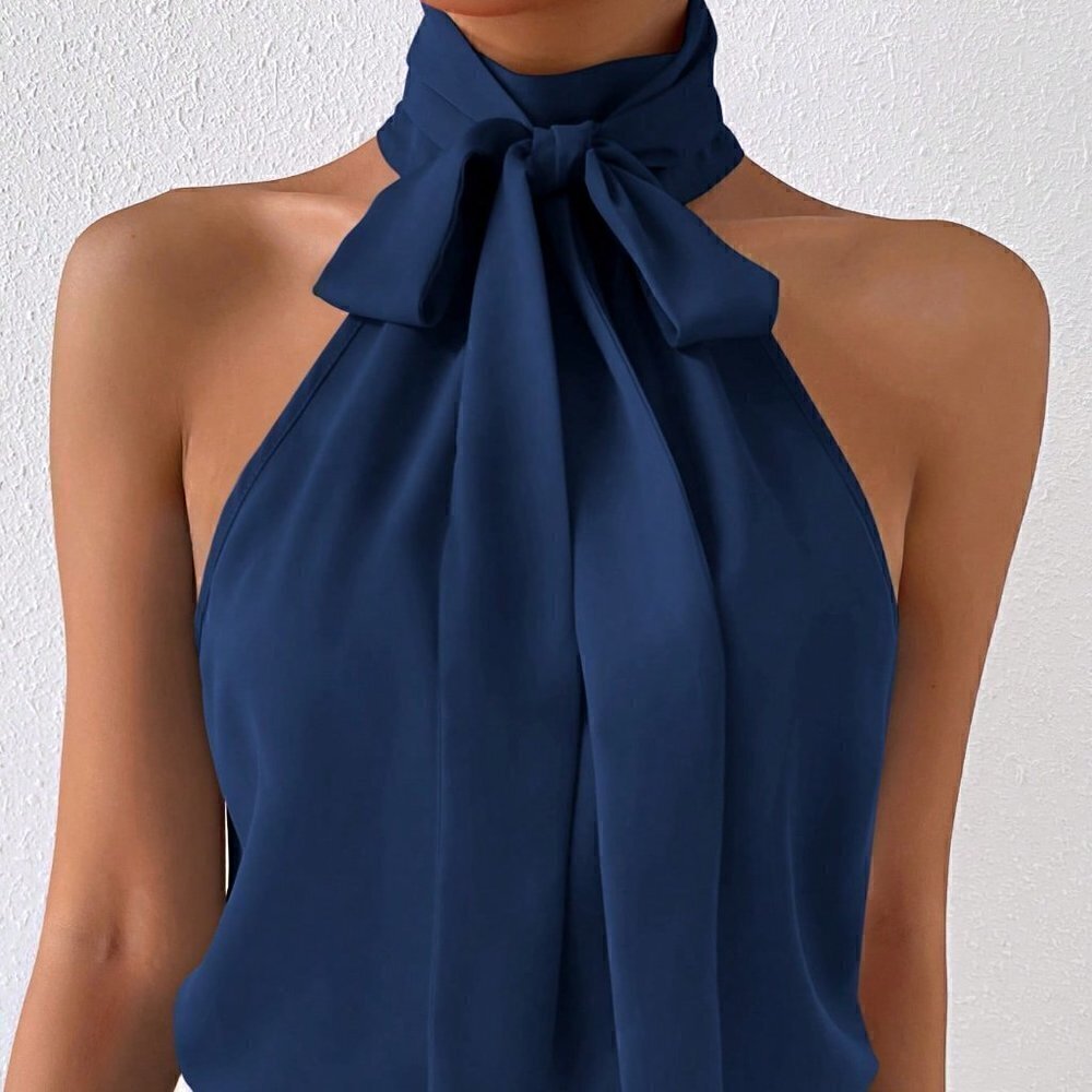 Navy Blue Preppy Womens Solid Tie Neck Halter Top - Picture 2 of 5